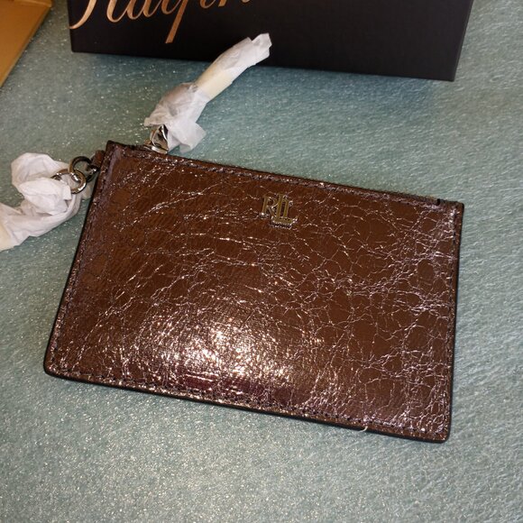 Lauren Ralph Lauren gunmetal crinkled metallic zip card case - Picture 2 of 8